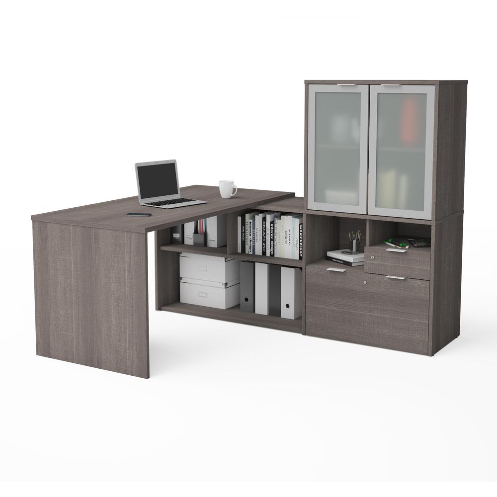 72W L-Shaped Desk with Frosted Glass Door Hutch. Picture 1