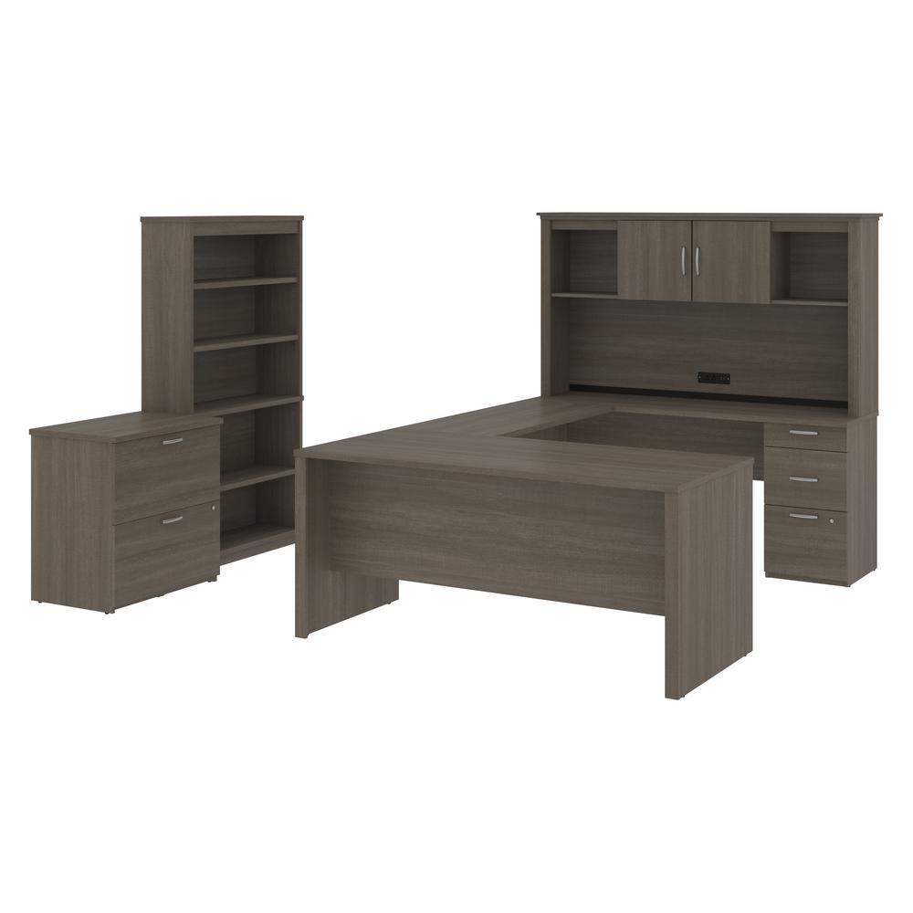 66W U-Shaped Desk with Hutch, Lateral File Cabinet, and Bookcase. Picture 1