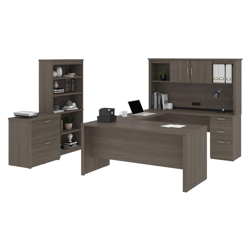 66W U-Shaped Desk with Hutch, Lateral File Cabinet, and Bookcase. Picture 2