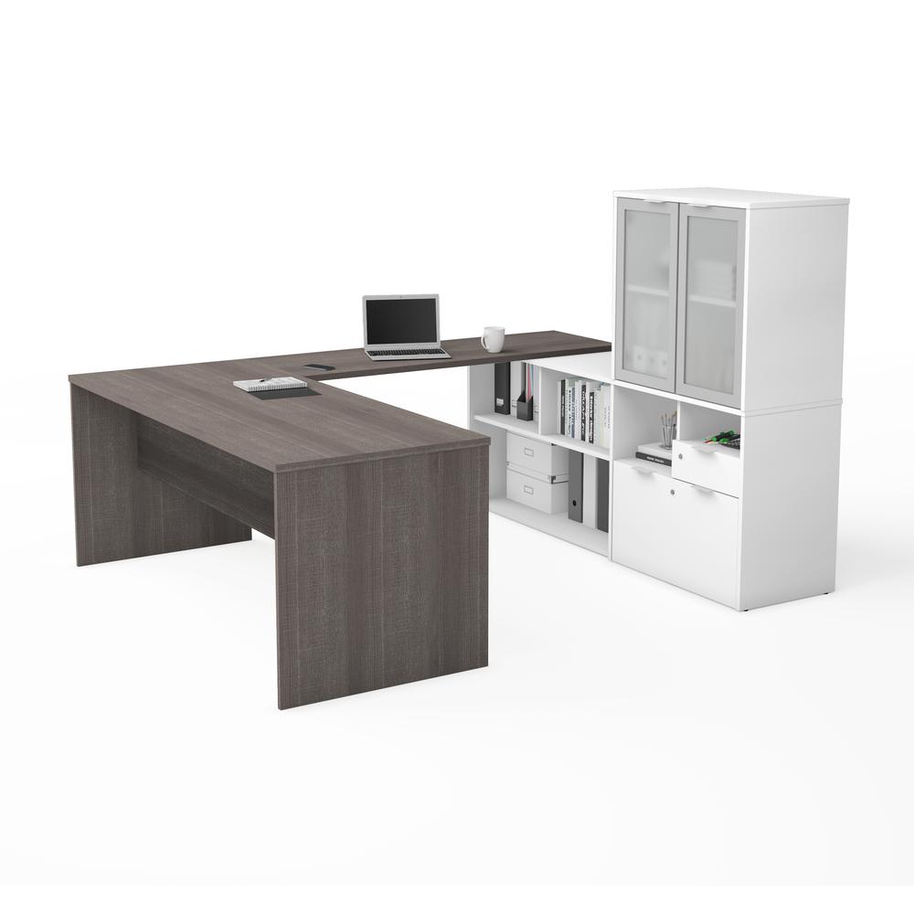 72W U-Shaped Executive Desk with Frosted Glass Doors Hutch. Picture 1