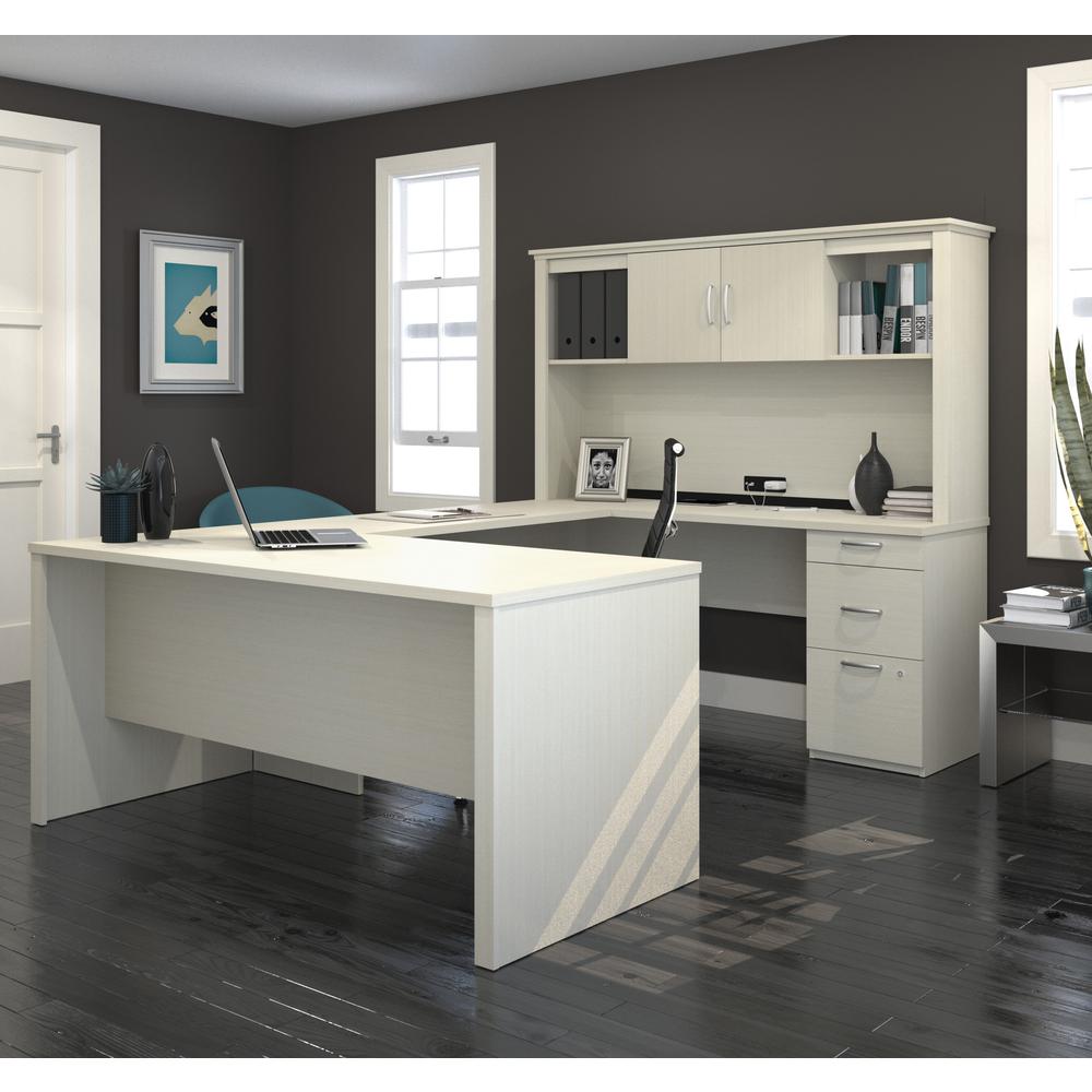 66W U or L-Shaped Executive Office Desk with Pedestal and Hutch. Picture 1