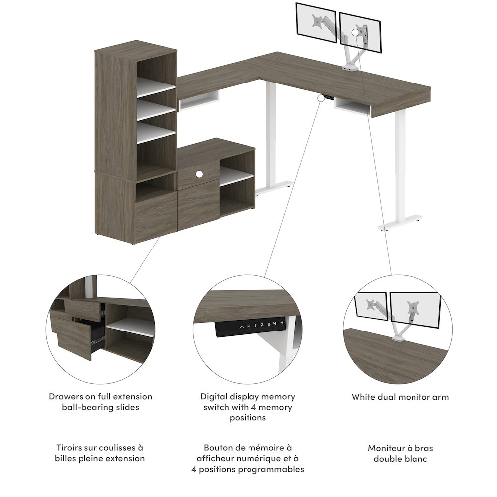 72W L-Shaped Standing Desk with Dual Monitor Arm and Storage. Picture 4