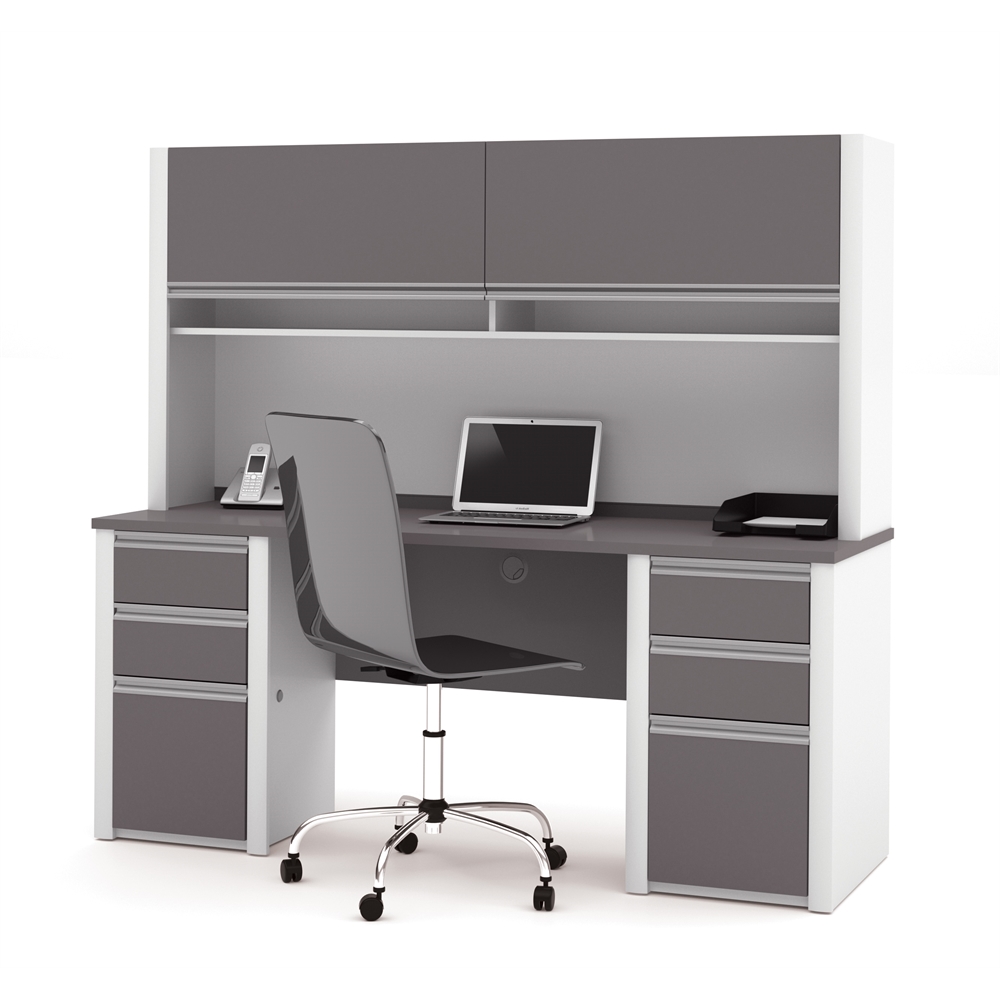 72W Credenza Desk with Two Pedestals and Hutch. Picture 1