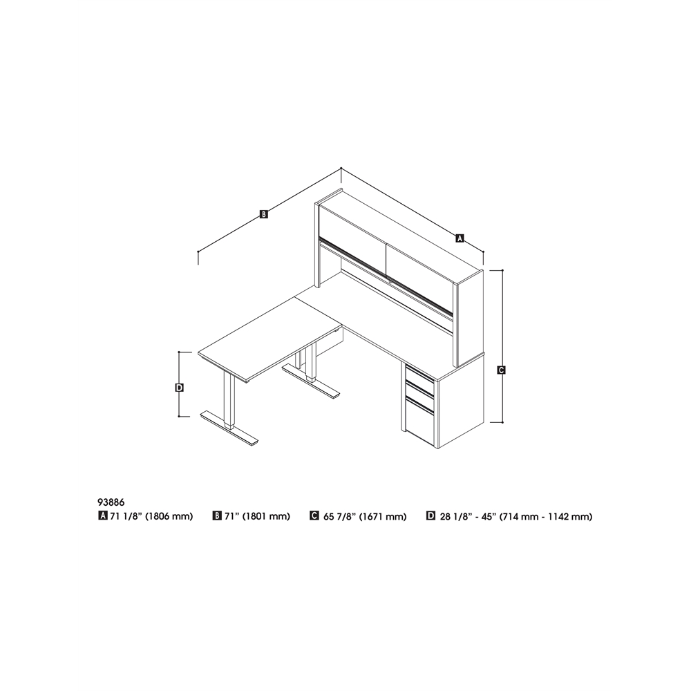 72W L-Shaped Standing Desk with Pedestal and Hutch. Picture 4