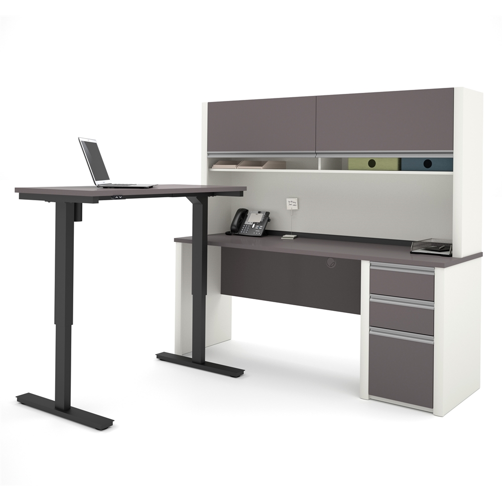 72W L-Shaped Standing Desk with Pedestal and Hutch. Picture 1