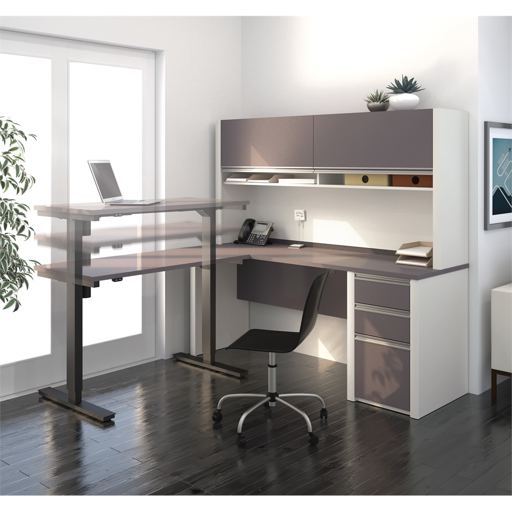 72W L-Shaped Standing Desk with Pedestal and Hutch. Picture 2