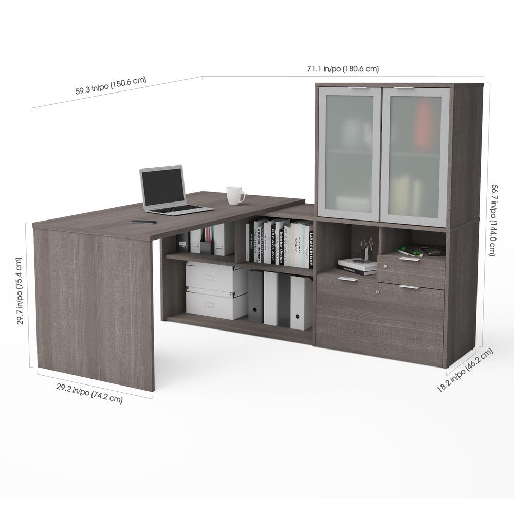 72W L-Shaped Desk with Frosted Glass Door Hutch. Picture 2