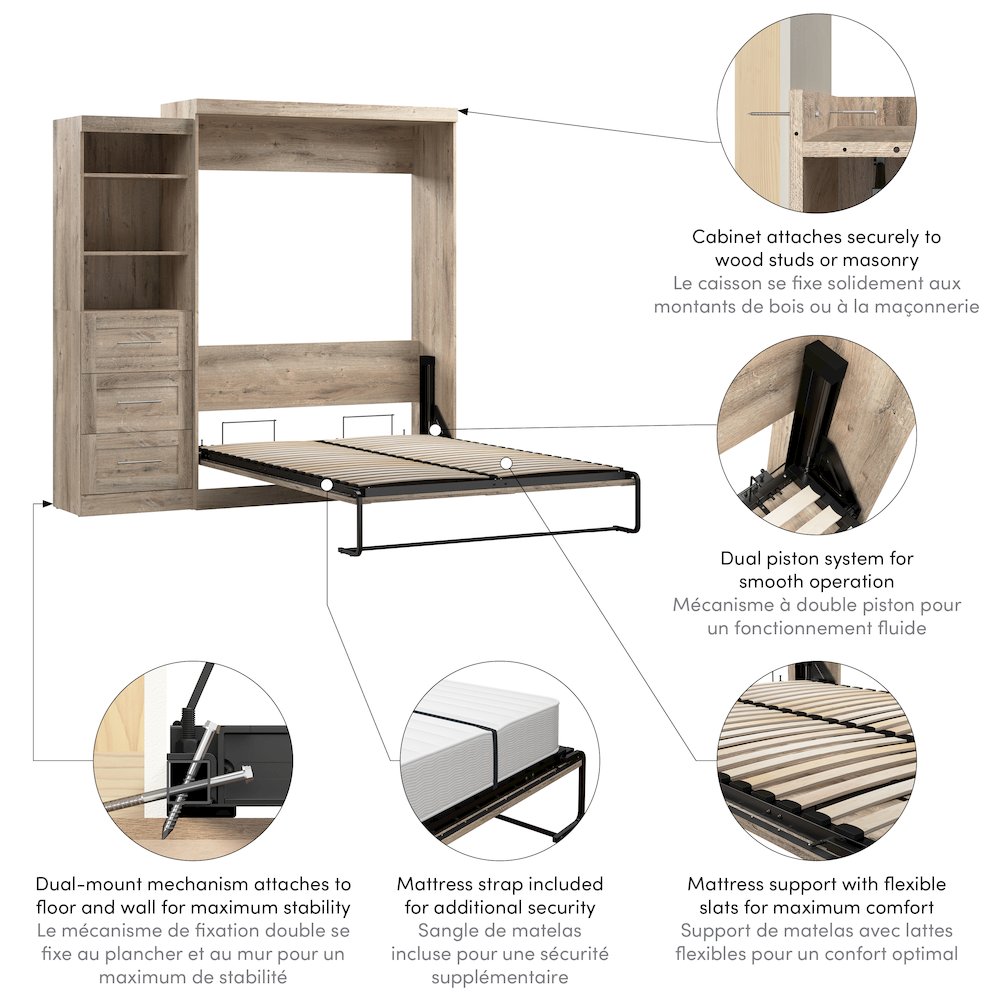 Bestar Pur Queen Murphy Bed and Shelving Unit with Drawers (90W) in rustic brown. Picture 6