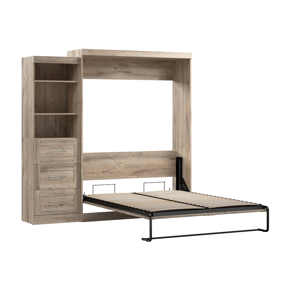 Bestar Pur Queen Murphy Bed and Shelving Unit with Drawers (90W) in rustic brown. Picture 2