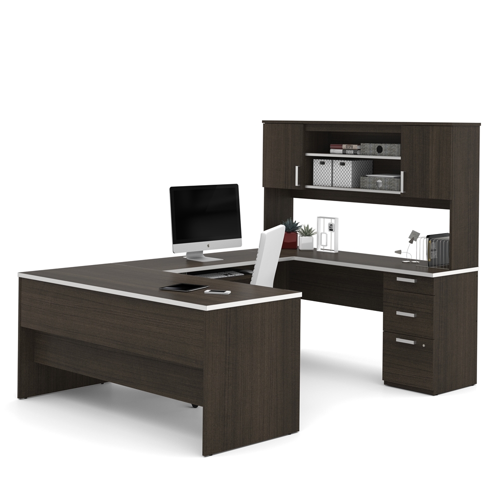 65W U-Shaped Desk with Hutch, Lateral File Cabinet, and Bookcase. Picture 1