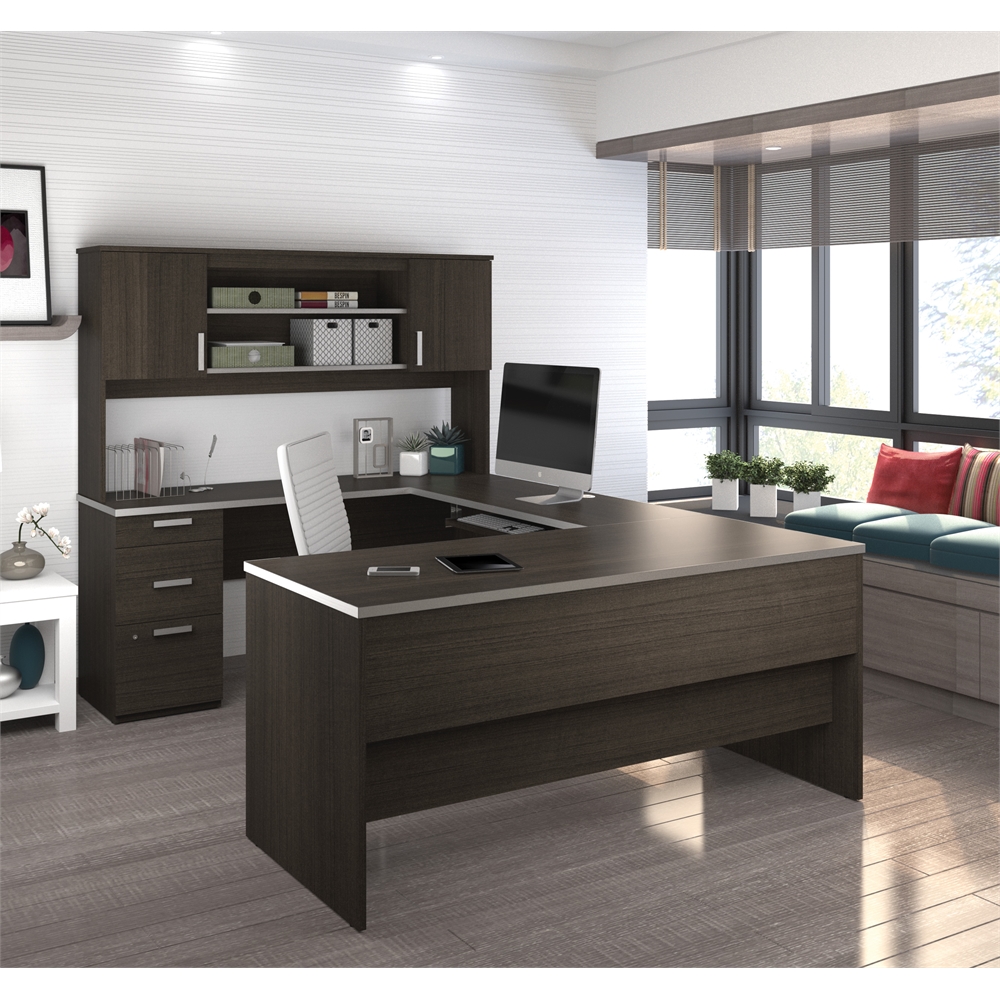65W U-Shaped Desk with Hutch, Lateral File Cabinet, and Bookcase. Picture 3
