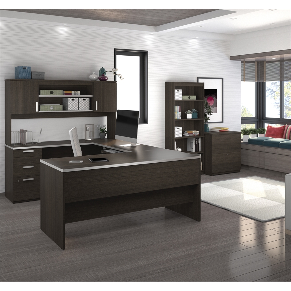 65W U-Shaped Desk with Hutch, Lateral File Cabinet, and Bookcase. Picture 2