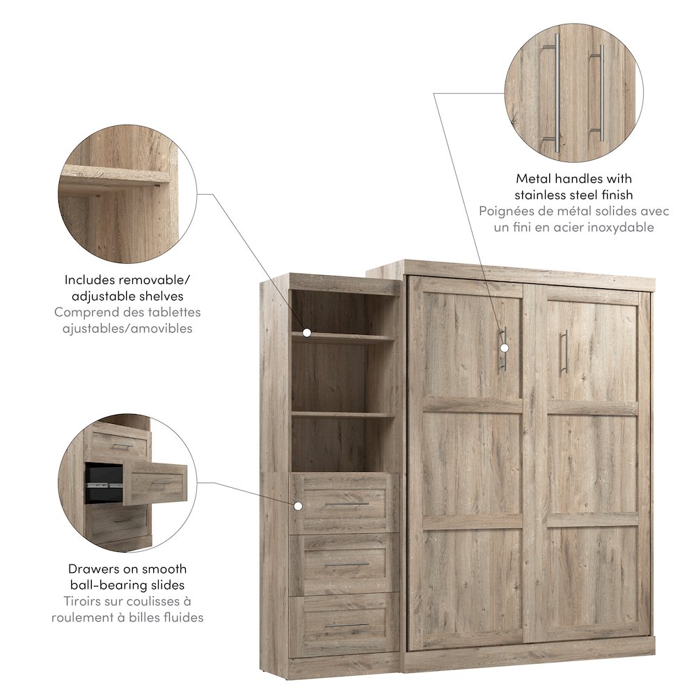 Bestar Pur Queen Murphy Bed and Shelving Unit with Drawers (90W) in rustic brown. Picture 7