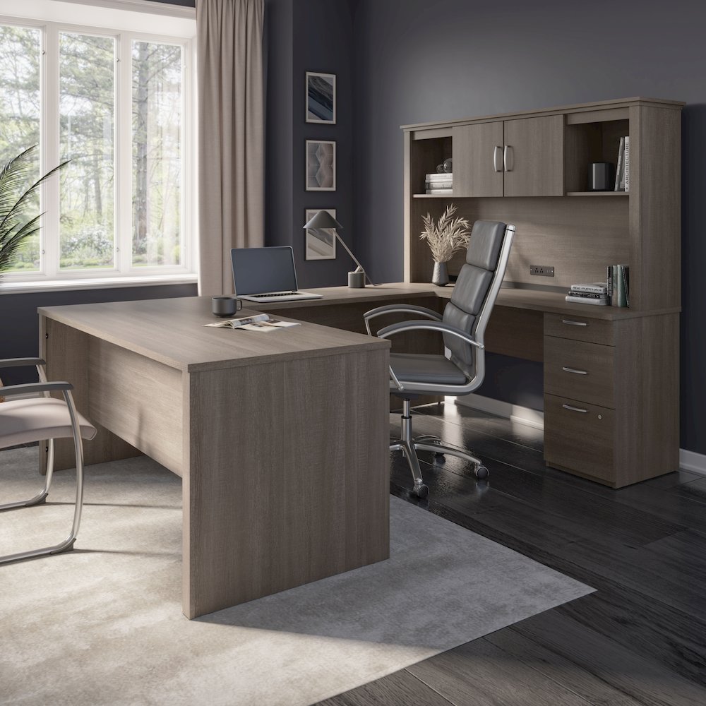 66W U or L-Shaped Executive Office Desk with Pedestal and Hutch. Picture 2