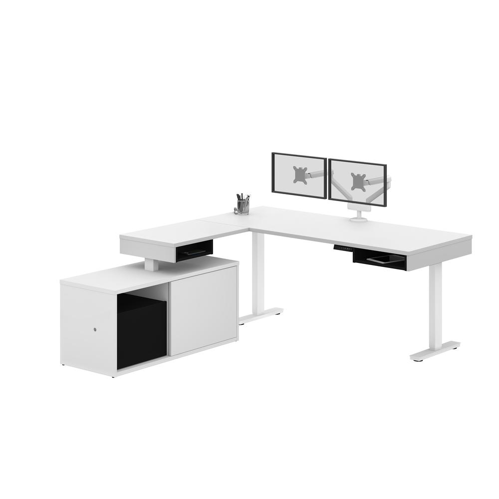 81W L-Shaped Standing Desk with Dual Monitor Arm and Credenza. Picture 1