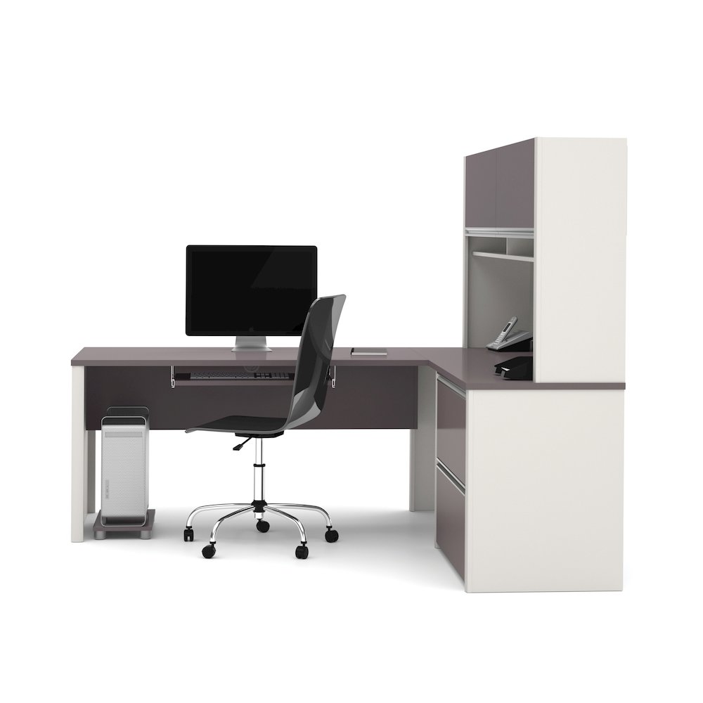 72W L-Shaped Desk with Hutch and Lateral File Cabinet. Picture 1
