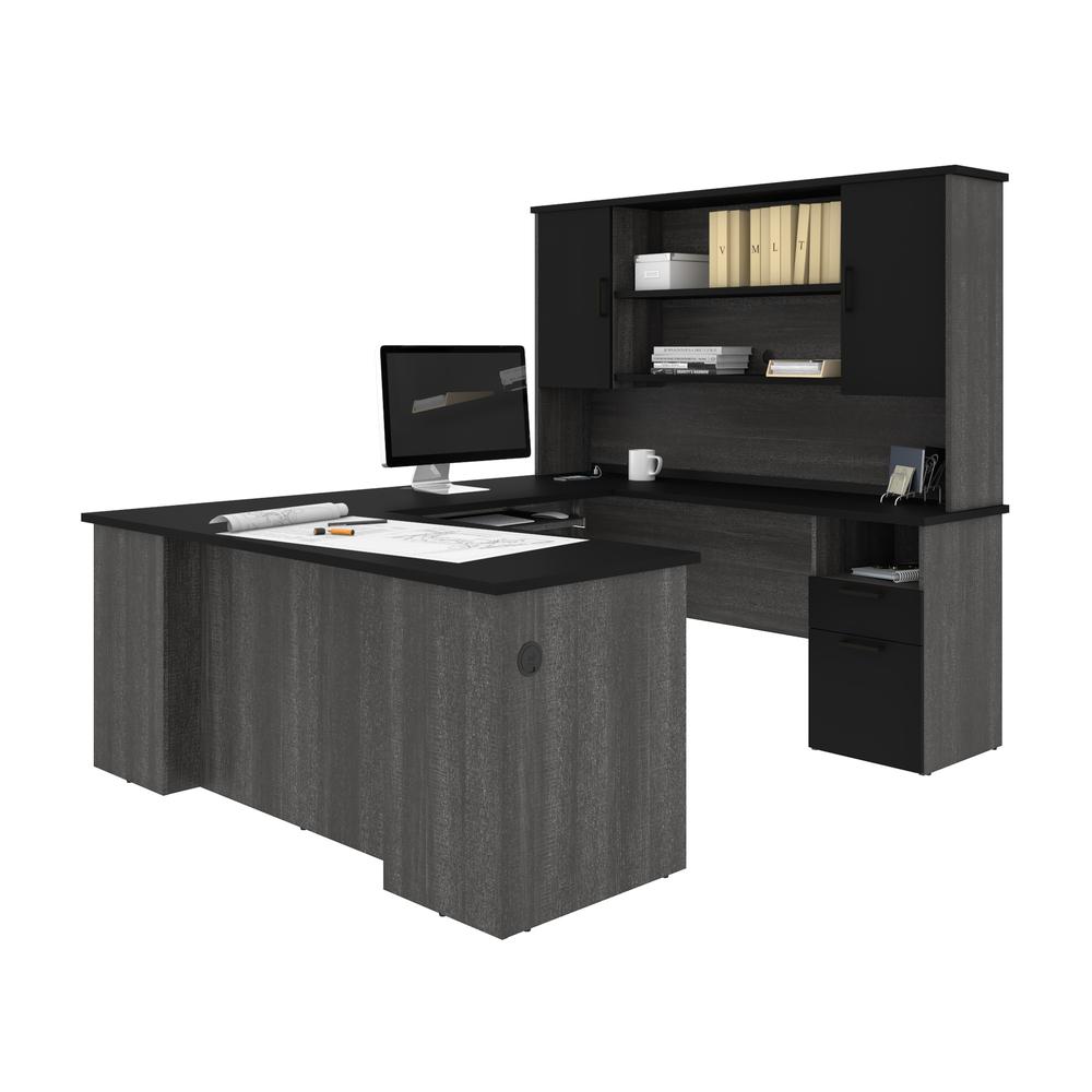 Bestar Norma Norma U-shaped workstation with hutch - Black & Bark Gray. Picture 1