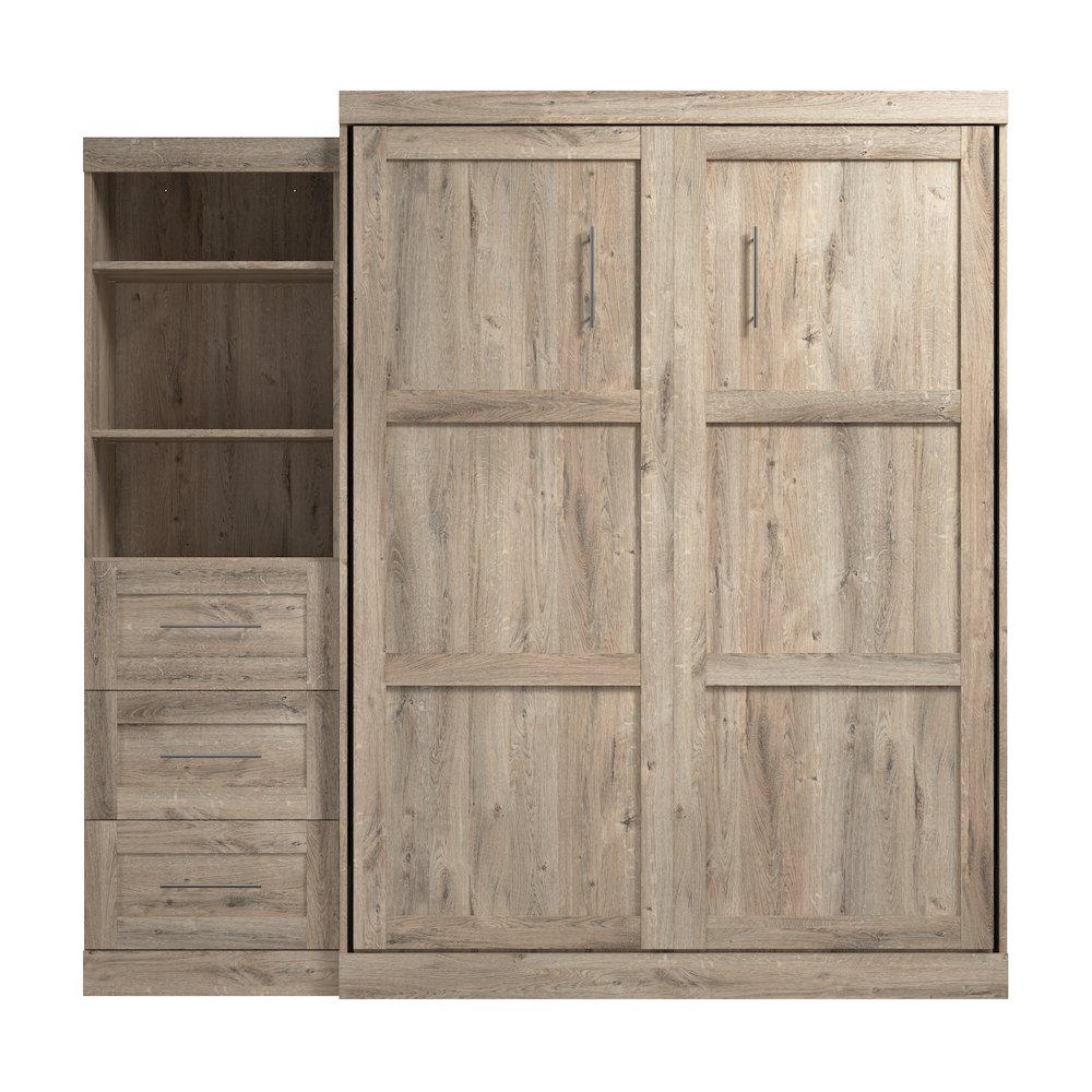 Bestar Pur Queen Murphy Bed and Shelving Unit with Drawers (90W) in rustic brown. Picture 1