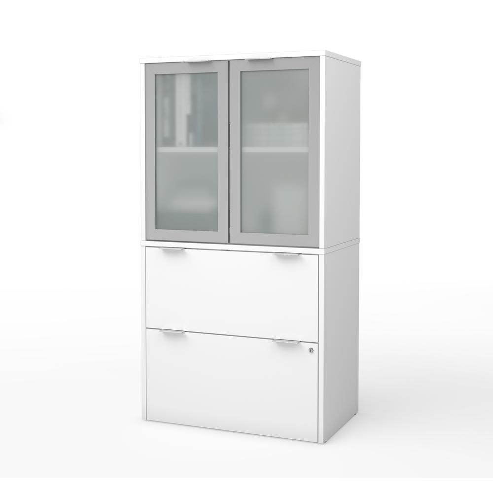 Lateral File Cabinet with Frosted Glass Doors Hutch. Picture 1