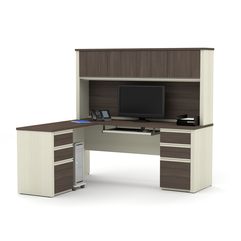 Modern L-Shaped Office Desk with Two Pedestals and Hutch. Picture 1