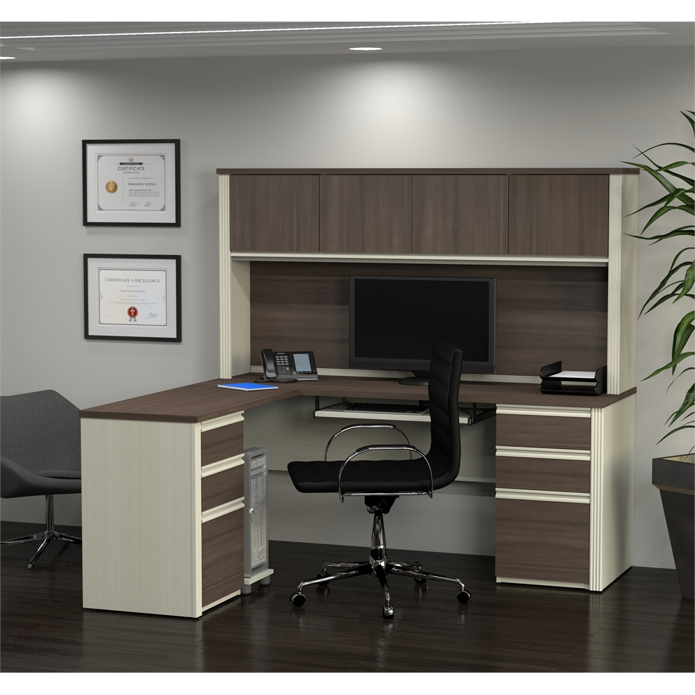 Modern L-Shaped Office Desk with Two Pedestals and Hutch. Picture 2