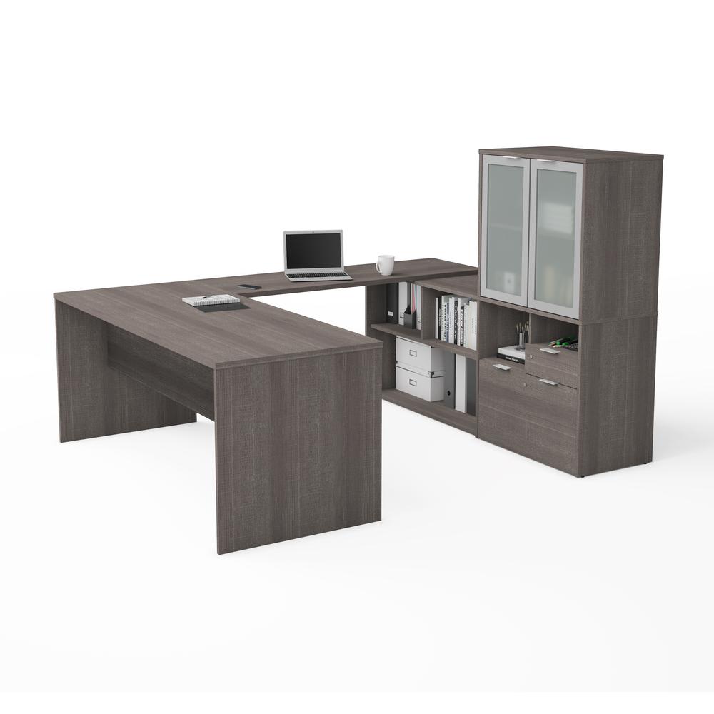 72W U-Shaped Executive Desk with Frosted Glass Doors Hutch. Picture 1