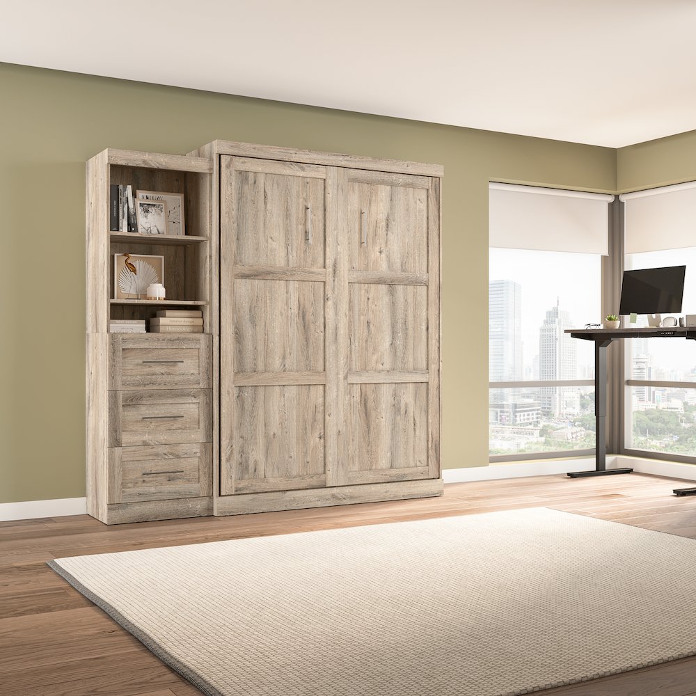 Bestar Pur Queen Murphy Bed and Shelving Unit with Drawers (90W) in rustic brown. Picture 5