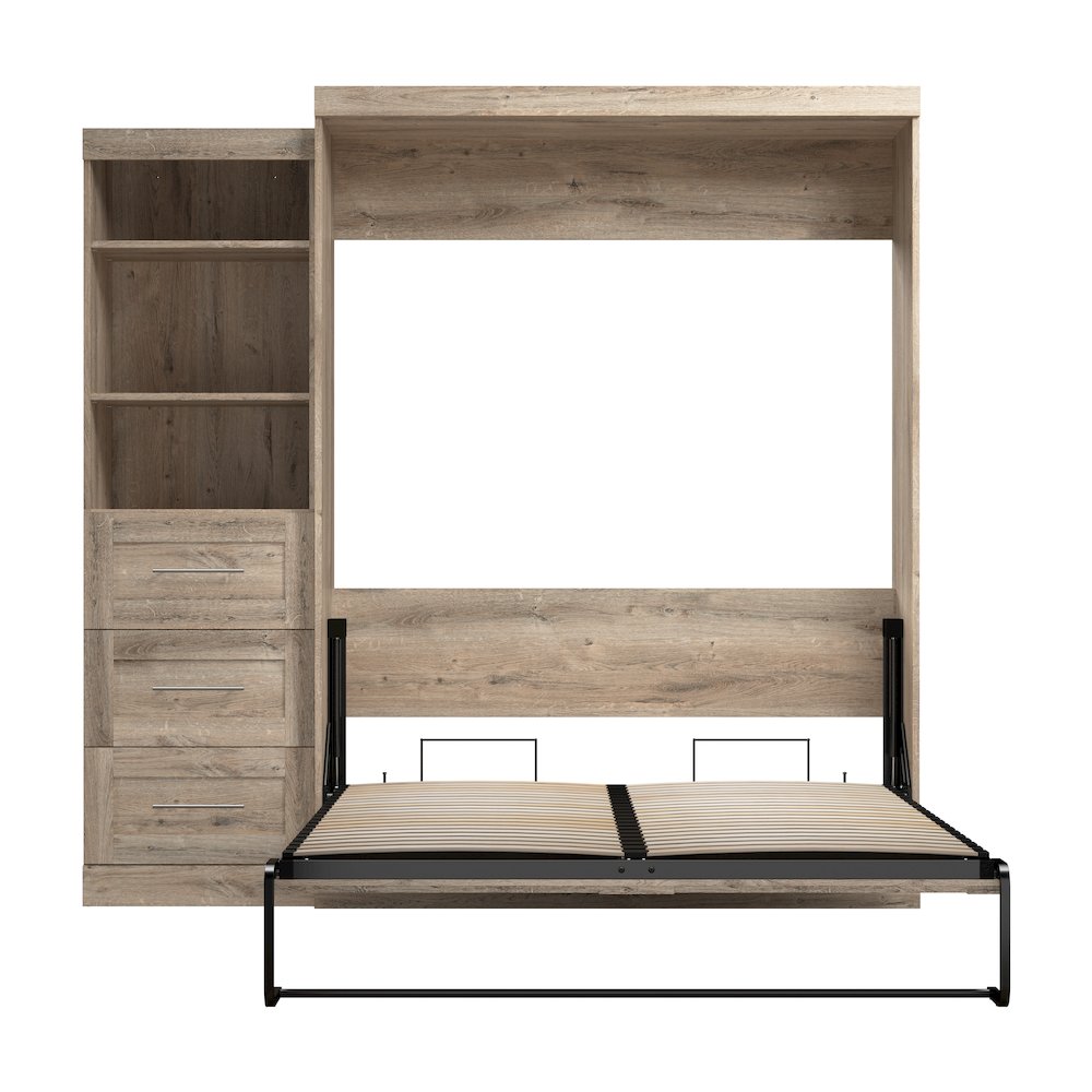 Bestar Pur Queen Murphy Bed and Shelving Unit with Drawers (90W) in rustic brown. Picture 3