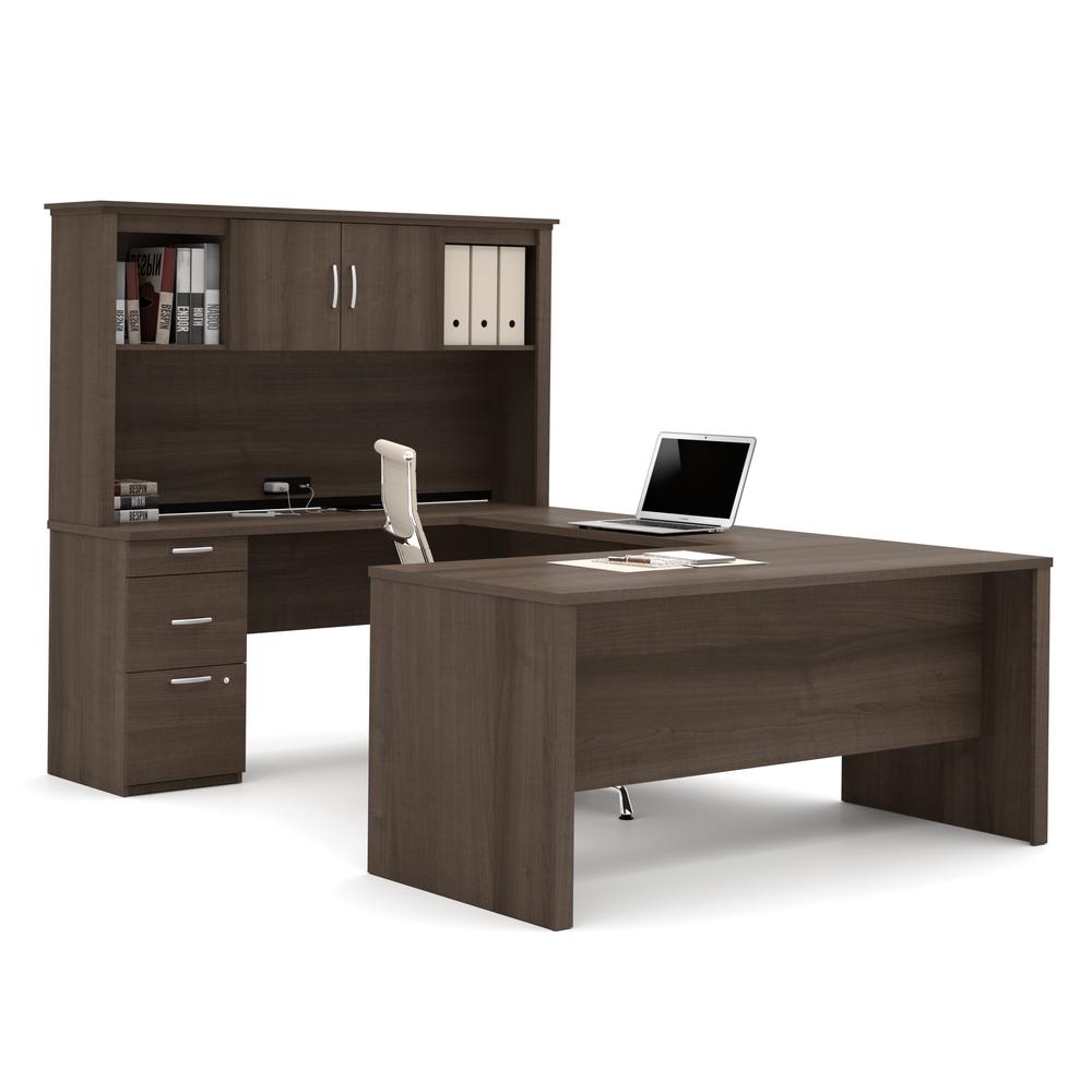 66W U or L-Shaped Executive Office Desk with Pedestal and Hutch. Picture 1
