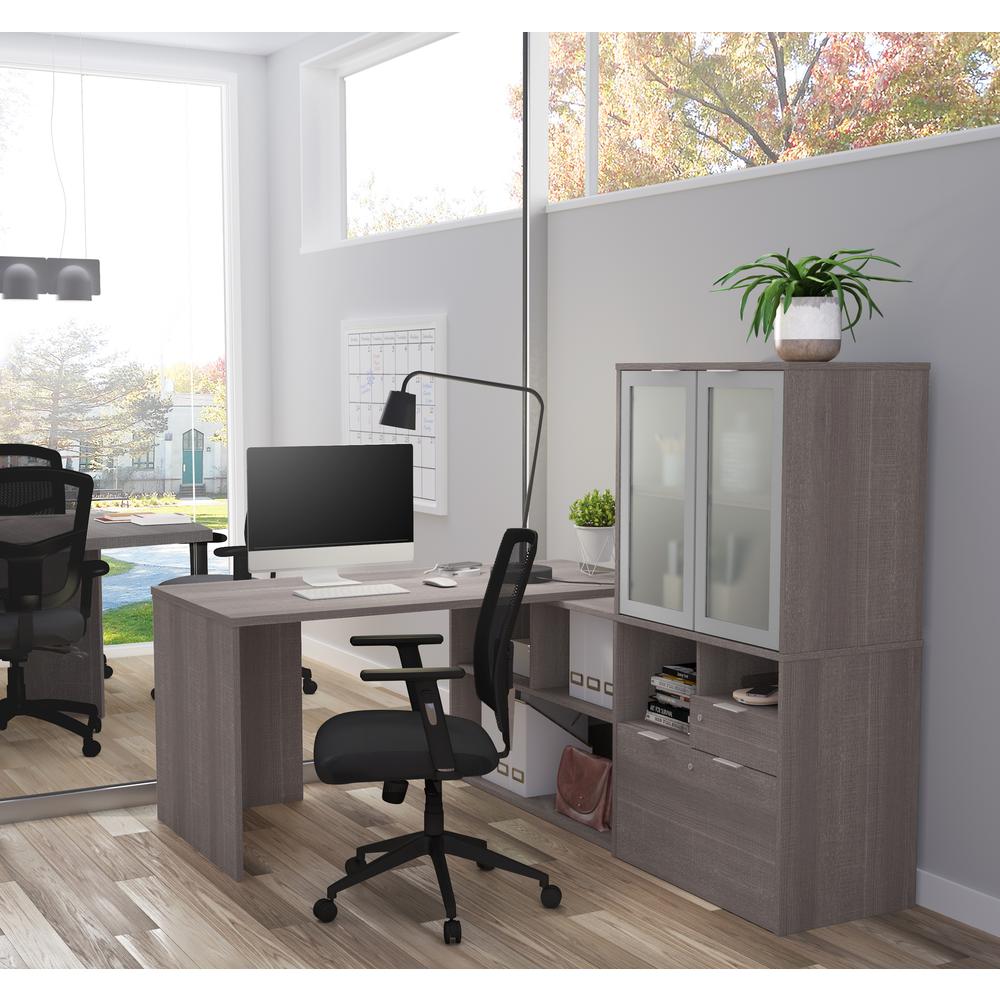 72W L-Shaped Desk with Frosted Glass Door Hutch. Picture 3