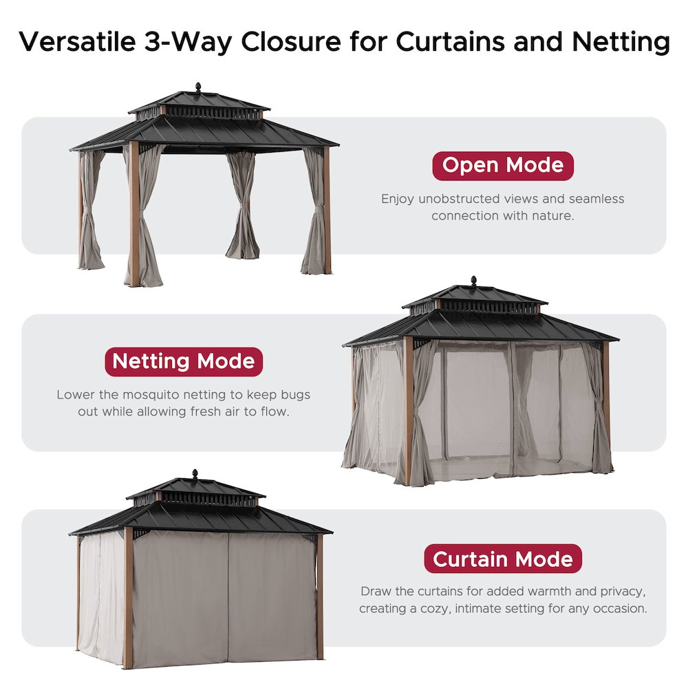 12 ft x 10 ft Hardtop Gazebo with Steel Roof, Woodgrain Aluminum Frame. Picture 2