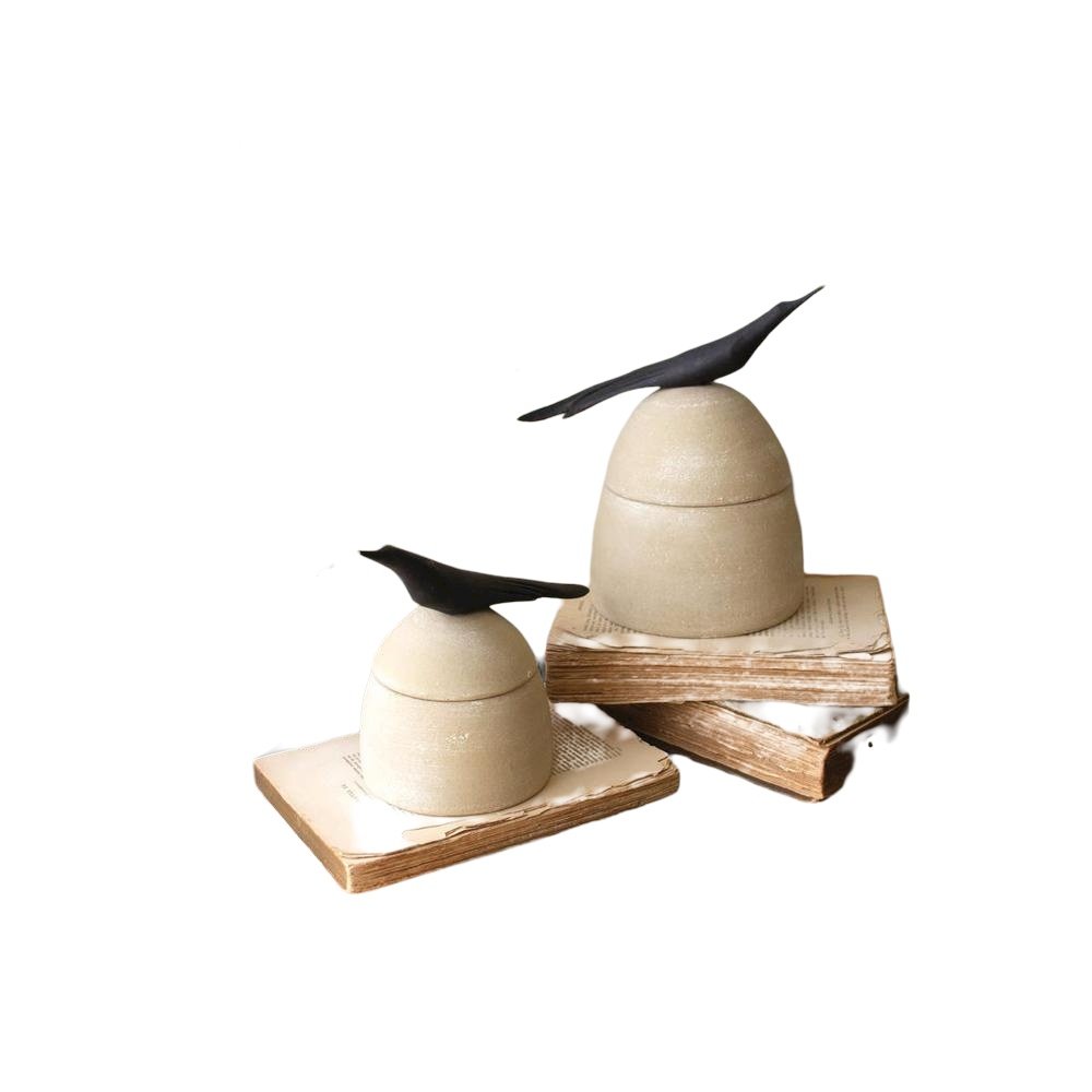 Set Of Two Clay Canisters With Wooden Bird Handles. Picture 1