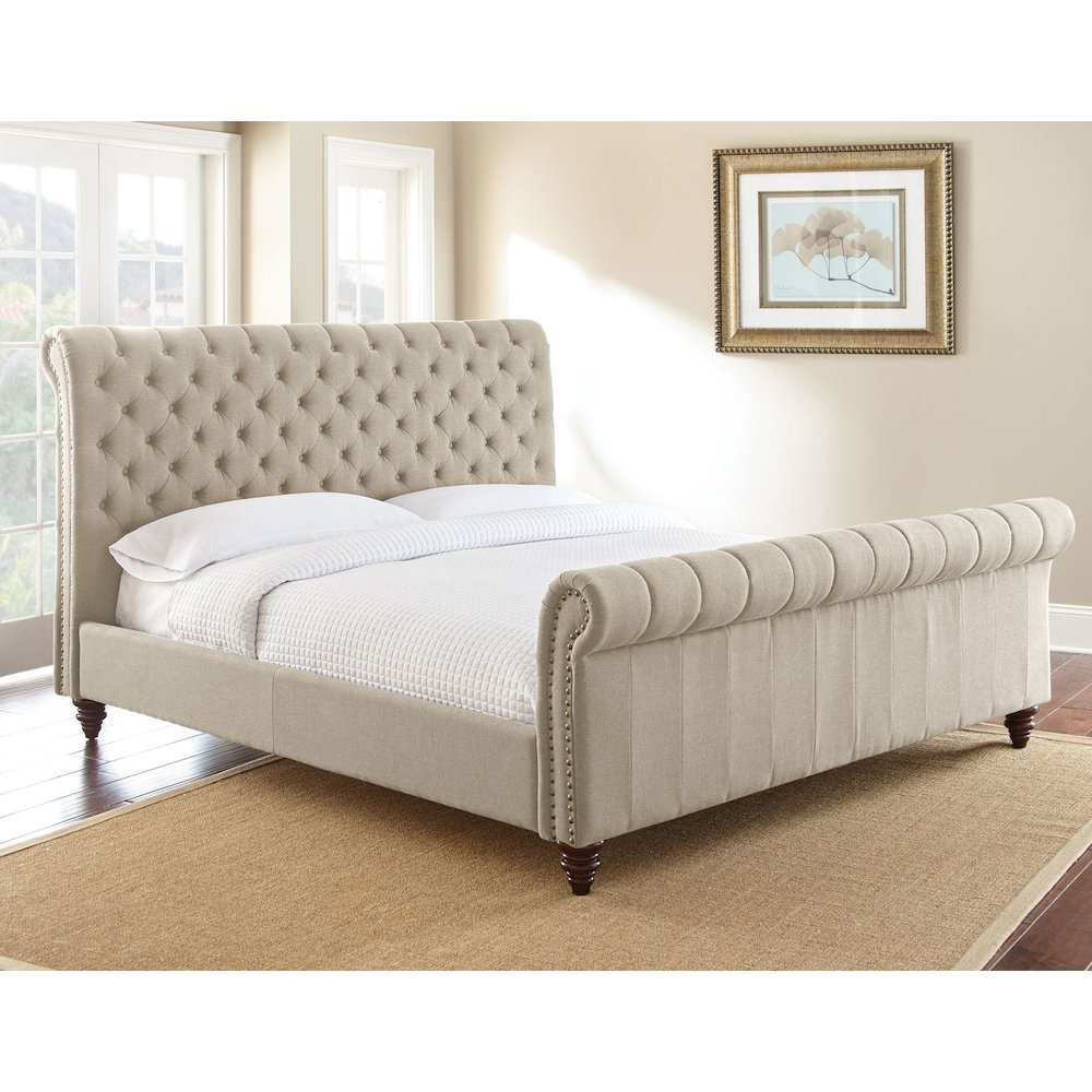 Swanson Tufted King Sleigh Bed in Sand Beige Upholstery. Picture 6