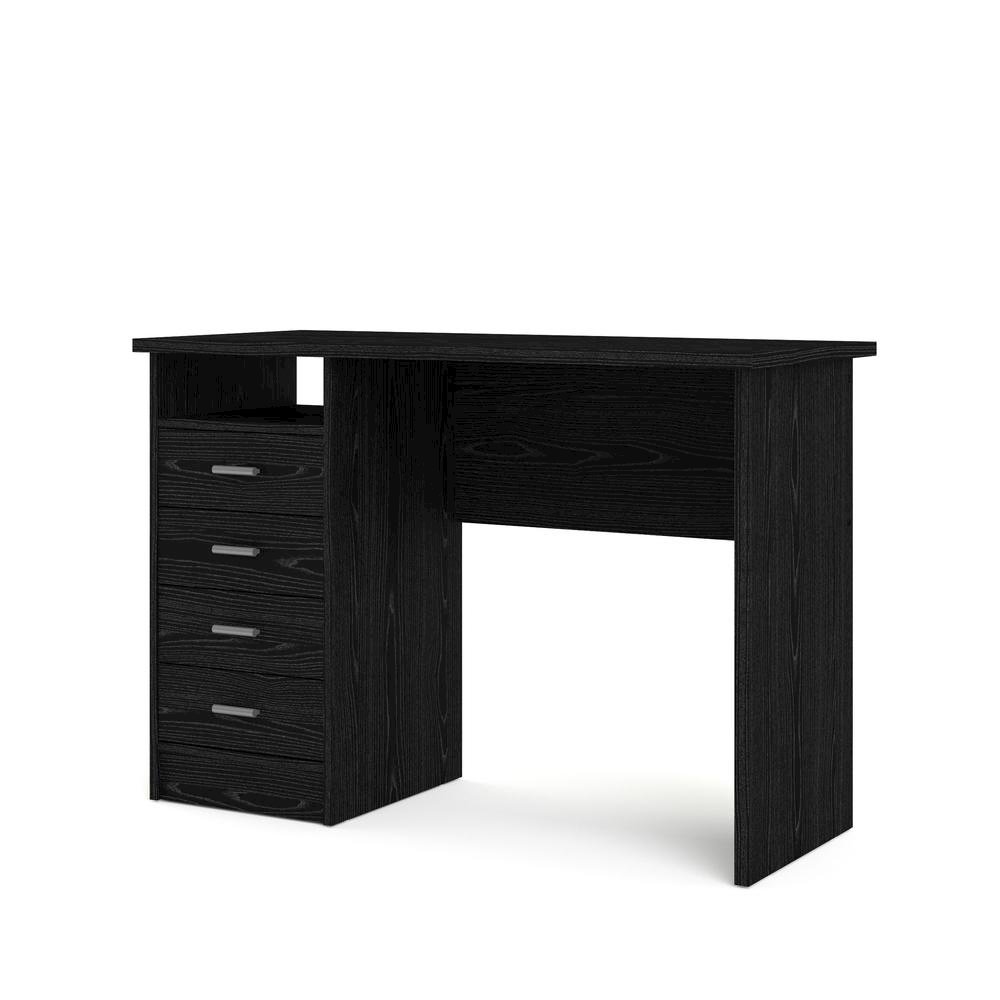 Modern Black Home Office Desk with 4 Drawers and Open Storage Shelf. Picture 1