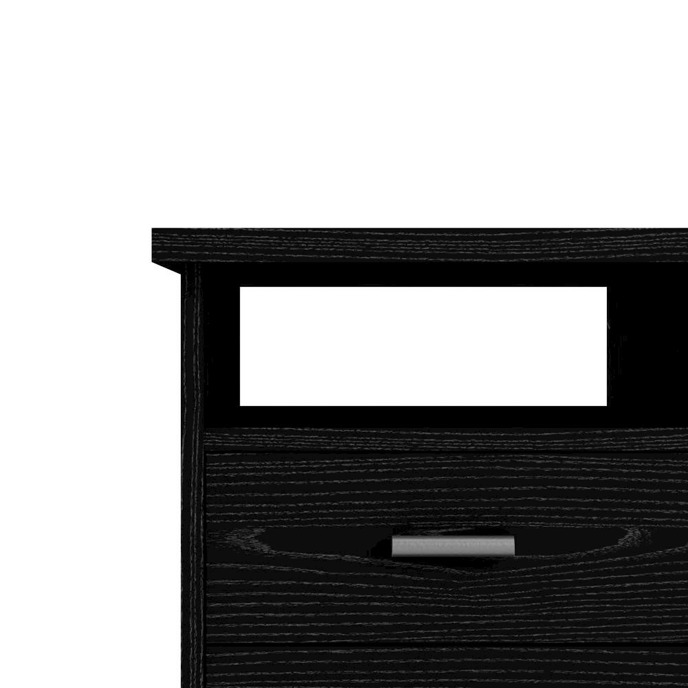Modern Black Home Office Desk with 4 Drawers and Open Storage Shelf. Picture 7