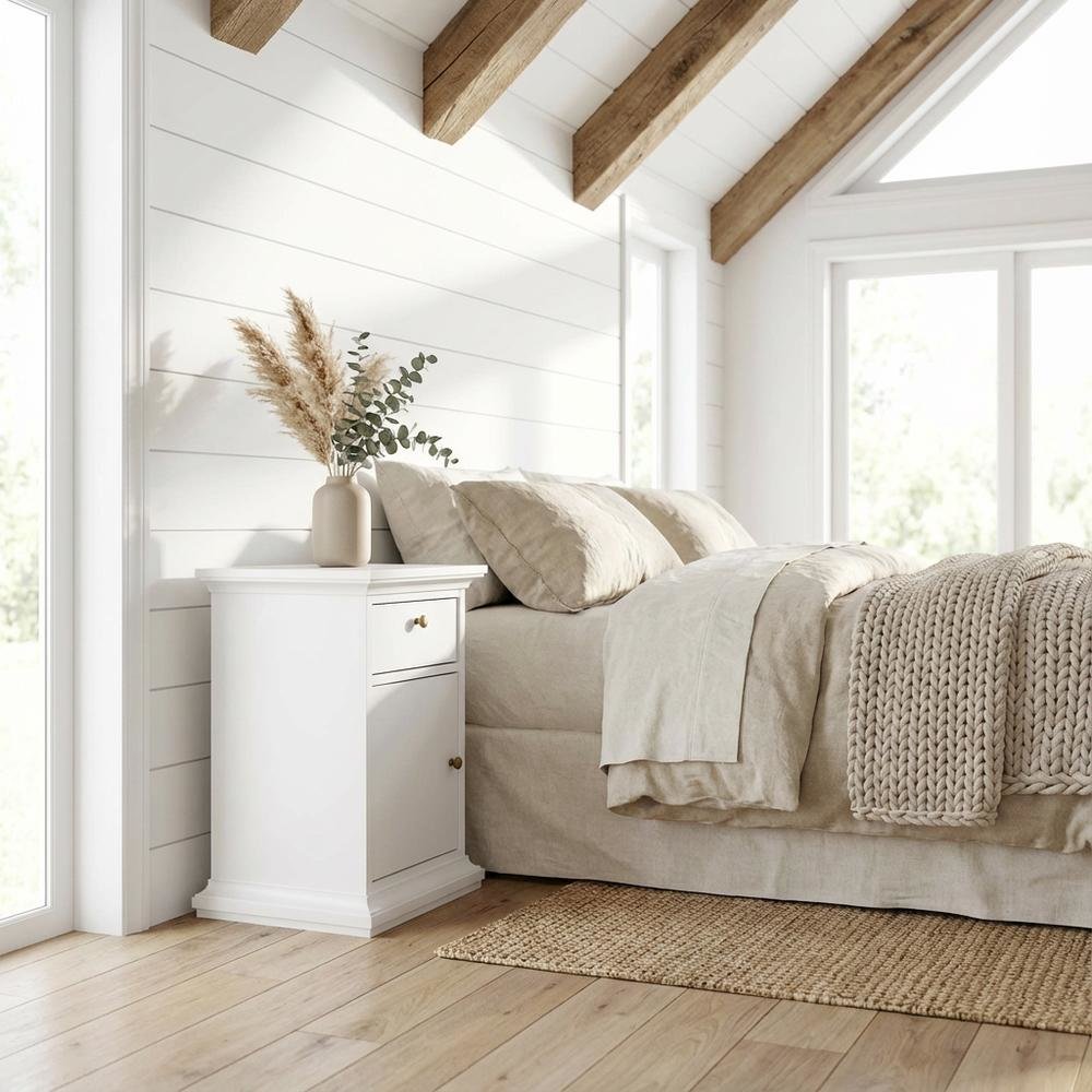 White Bedroom Nightstand with 1 Drawer, 1 Door, Timeless Design, Durable. Picture 2