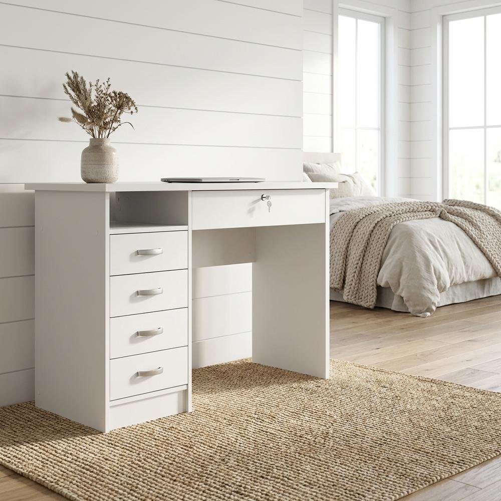 Elegant White Computer Desk Featuring Five Drawers and Open Shelf Design. Picture 2