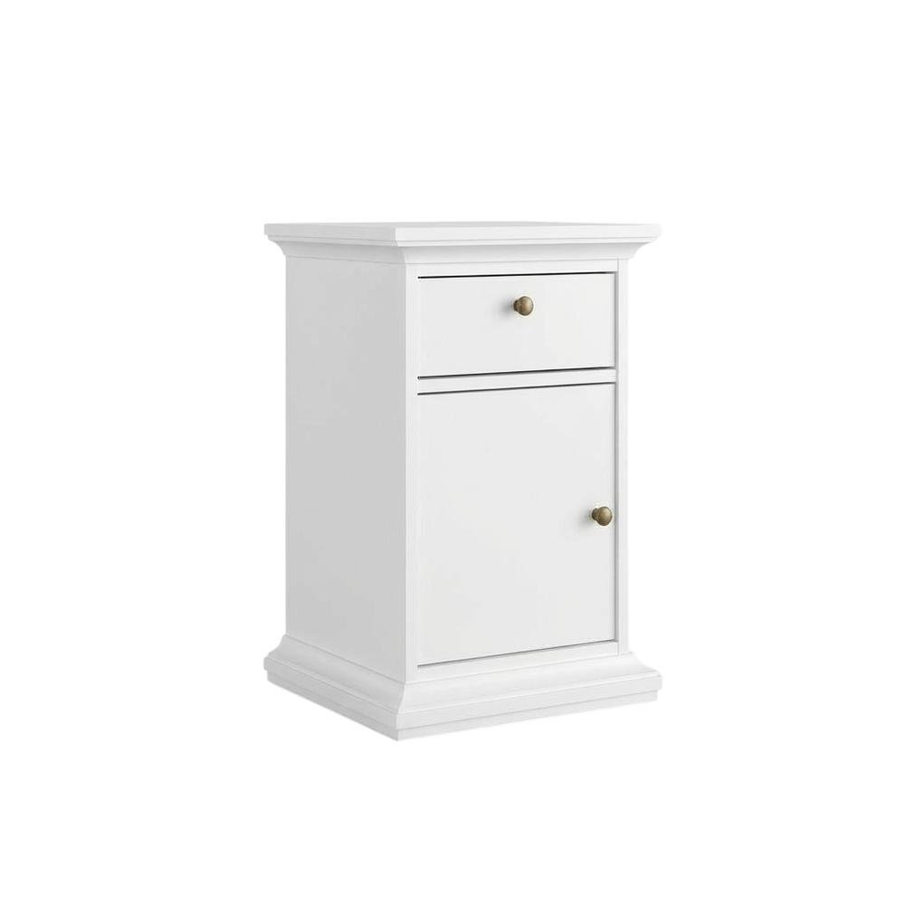 White Bedroom Nightstand with 1 Drawer, 1 Door, Timeless Design, Durable. Picture 1