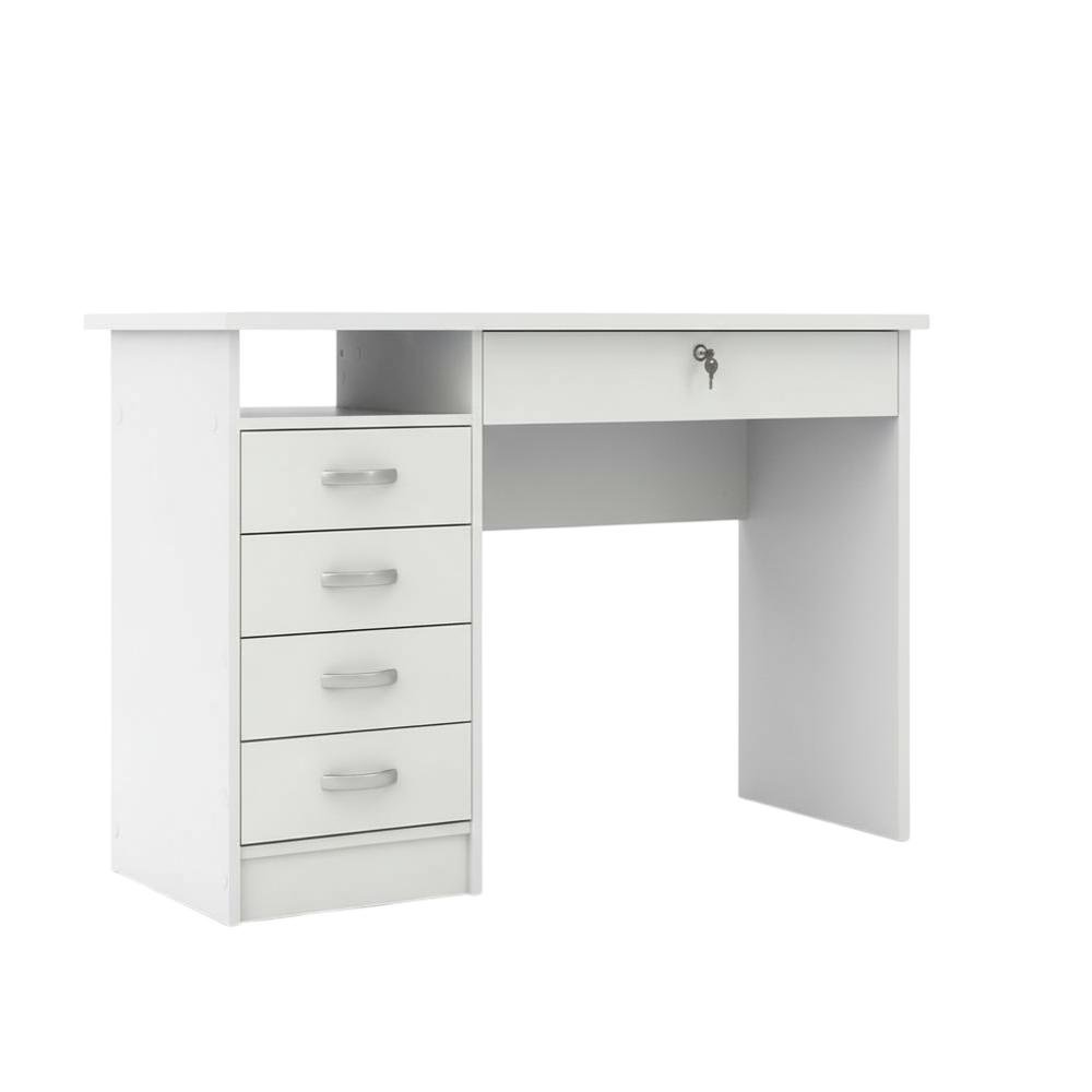 Elegant White Computer Desk Featuring Five Drawers and Open Shelf Design. Picture 1