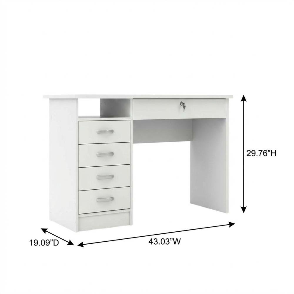 Elegant White Computer Desk Featuring Five Drawers and Open Shelf Design. Picture 7