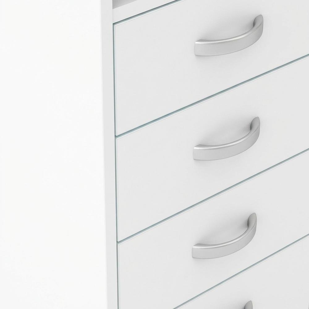 Elegant White Computer Desk Featuring Five Drawers and Open Shelf Design. Picture 5
