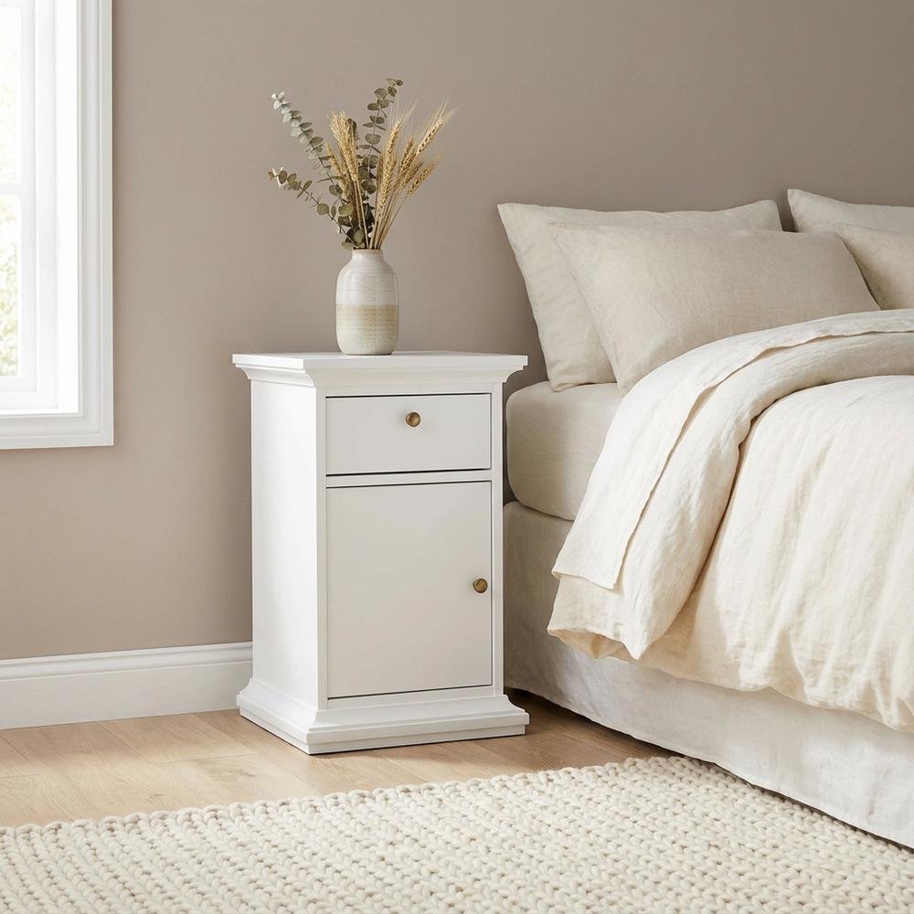 White Bedroom Nightstand with 1 Drawer, 1 Door, Timeless Design, Durable. Picture 3