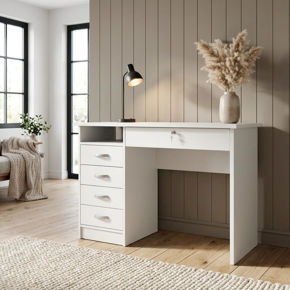 Elegant White Computer Desk Featuring Five Drawers and Open Shelf Design. Picture 3