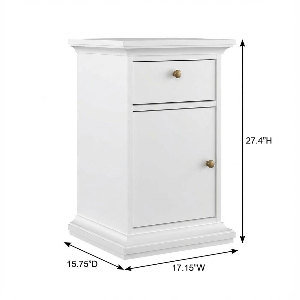 White Bedroom Nightstand with 1 Drawer, 1 Door, Timeless Design, Durable. Picture 6