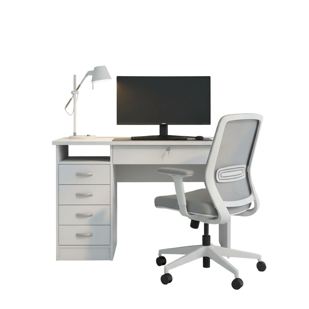 Elegant White Computer Desk Featuring Five Drawers and Open Shelf Design. Picture 4