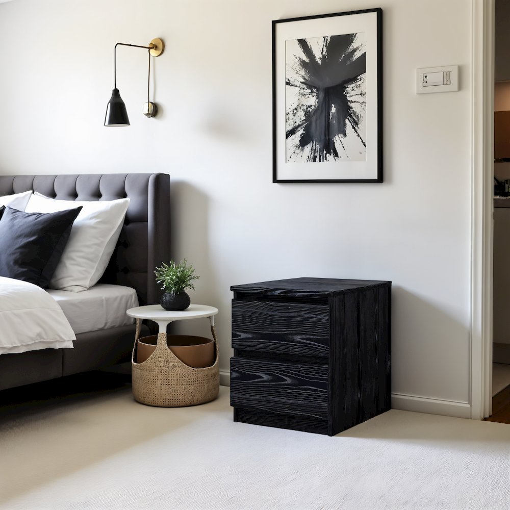 Black 2 Drawer Nightstand - Bedroom Bedside Drawer Storage Furniture. Picture 8