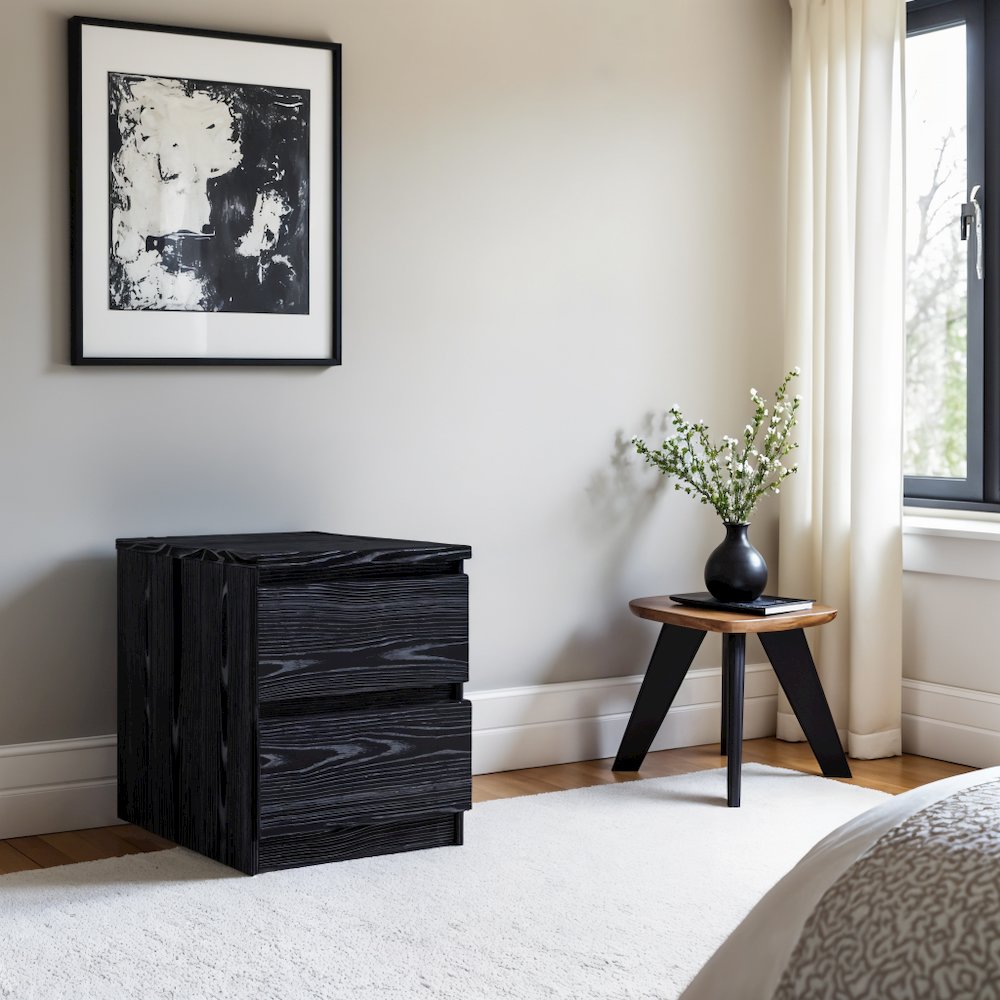 Black 2 Drawer Nightstand - Bedroom Bedside Drawer Storage Furniture. Picture 7