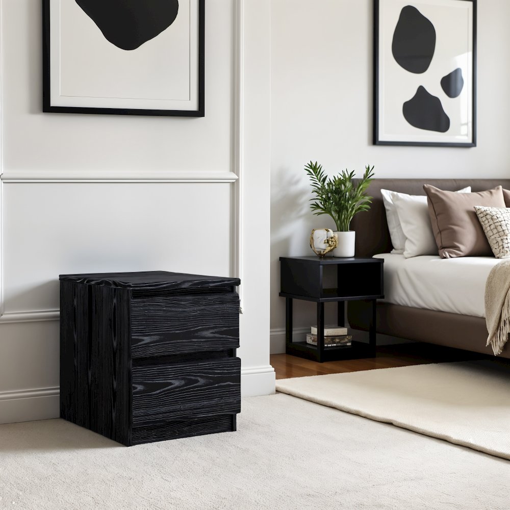 Black 2 Drawer Nightstand - Bedroom Bedside Drawer Storage Furniture. Picture 10