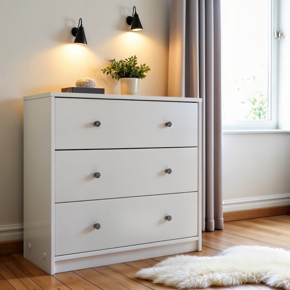 White 3 Drawer Nightstand - Large Bedside Dresser for Stylish Storage. Picture 6