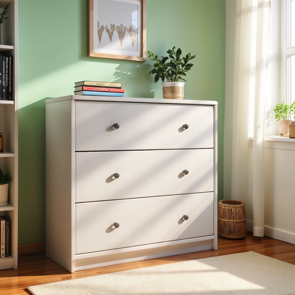 White 3 Drawer Nightstand - Large Bedside Dresser for Stylish Storage. Picture 7